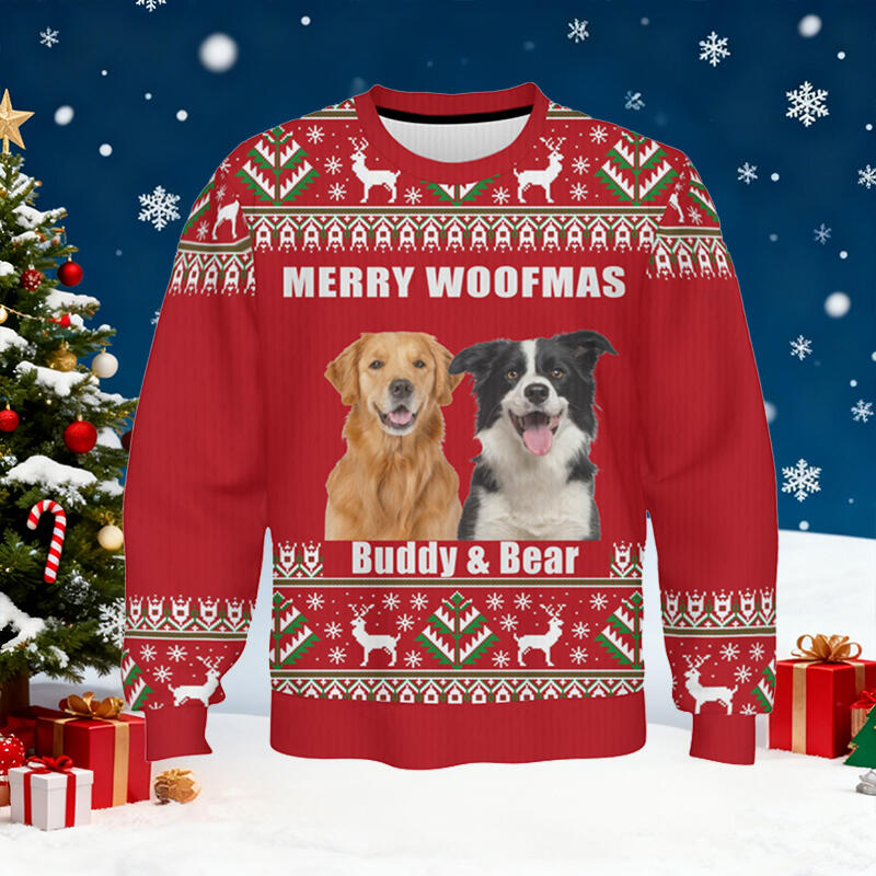 Maglione brutto personalizzato unisex Merry Woofmas con foto personalizzate del tuo cane design carino regalo di Natale per gli amanti degli animali domestici