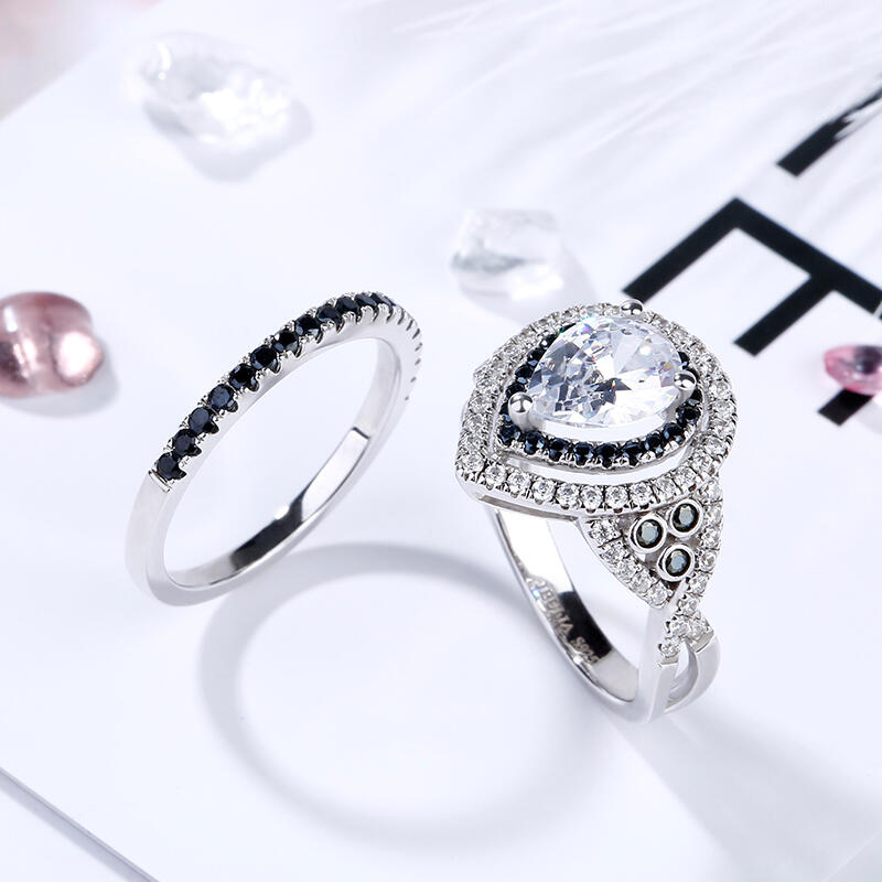 Jeulia Double Halo Pear Cut Sterling Silver Ring Set