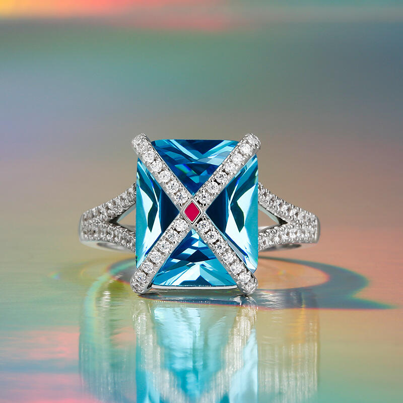 Jeulia Anillo de plata de ley piedra azul con corte de esmeralda