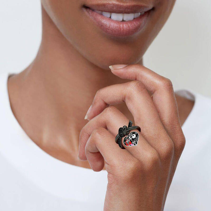 Jeulia Anillo de compromiso de plata con pareja de calavera en corazón