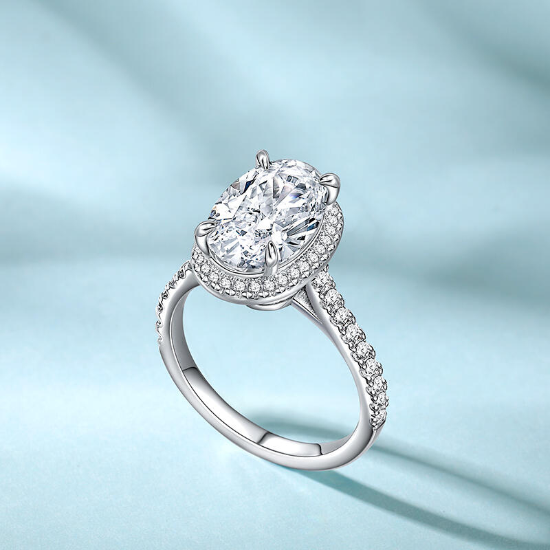 Jeulia Anillo de Compromiso Clásico de Halo Ovalado de Plata