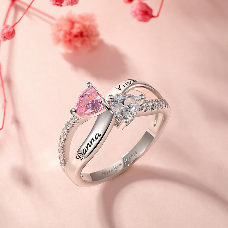 Jeulia Bague Double Cœur Personnalisée avec Gravure de Pierre de Naissance et Bande Infinity Torsadée