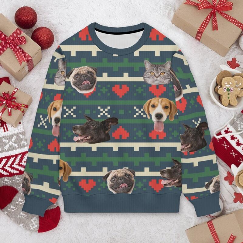 Pull moche personnalisé unisexe avec photo de la tête de votre animal de compagnie style festival cadeau de Noël pour les amoureux des animaux