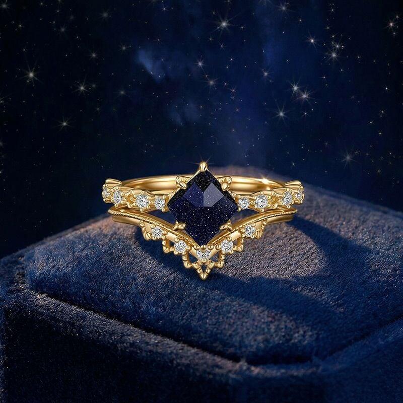 Blue Sandstone Gold Bridal Ring Set
