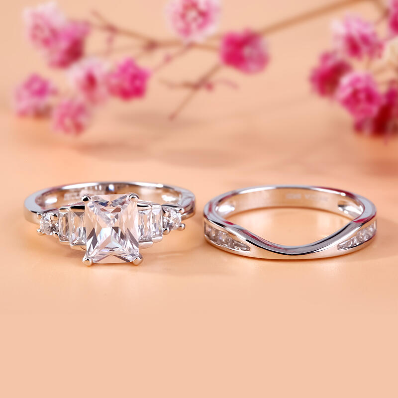 Jeulia Contemporary Design Radiant Cut Sterling Silver Ring Set