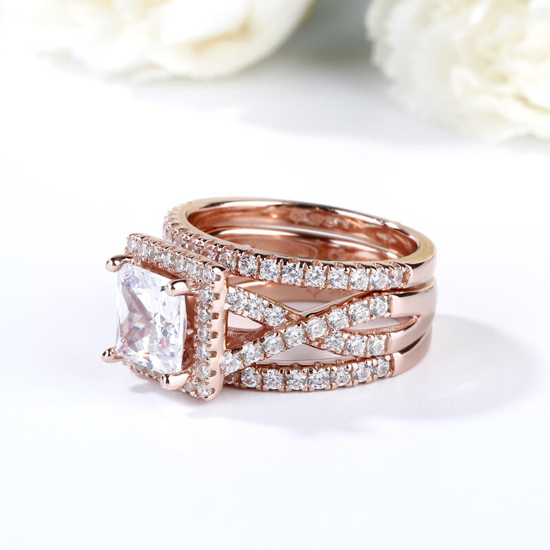 Jeulia 3PC Halo Princess Cut Sterling Silver Ring Set