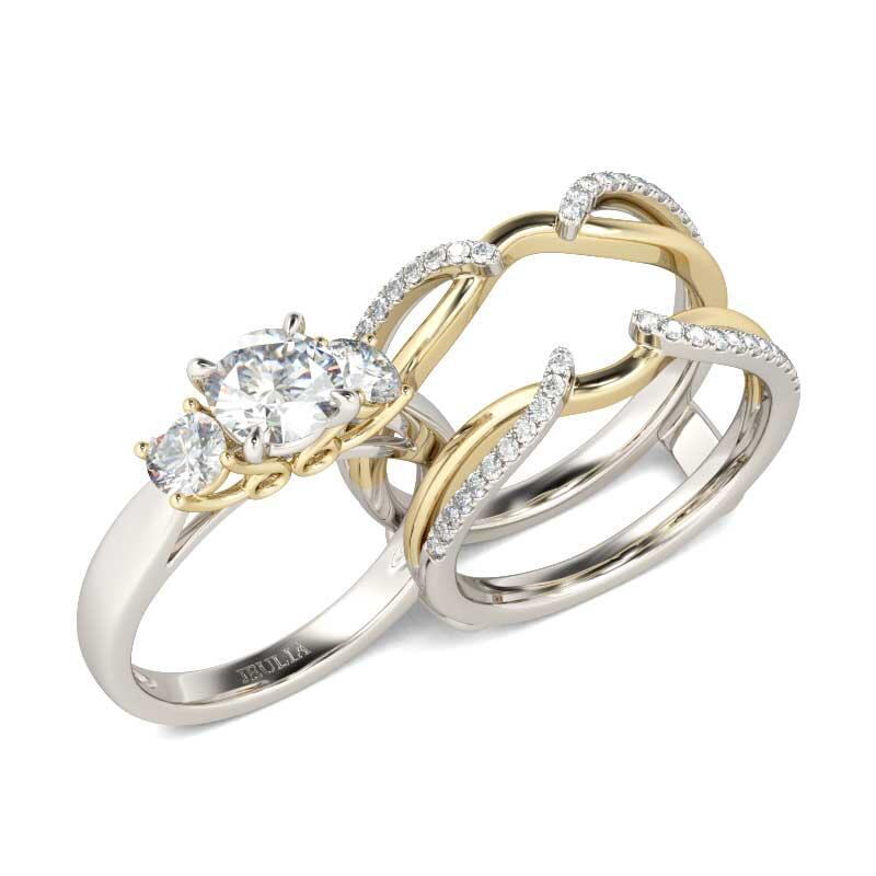 Jeulia Two Tone Three Stone Round Cut Sterling Silver Ring Set