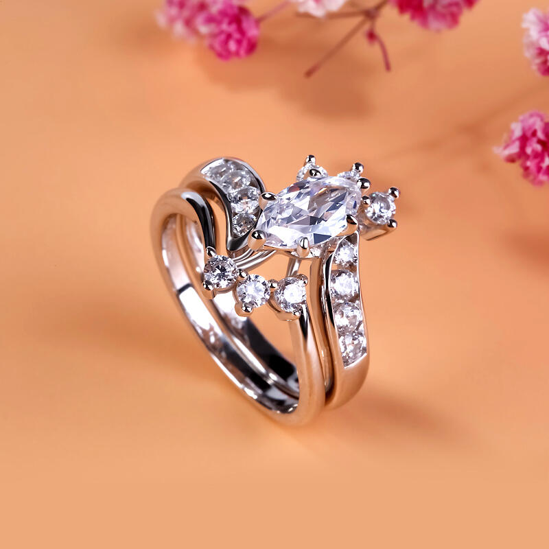 Jeulia Bypass Marquise Cut Sterling Silver Ring Set