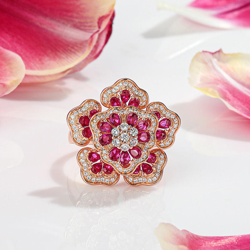 Jeulia Anillo grande mujer de plata de ley en tono oro rosa en flor
