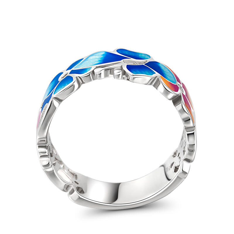 Jeulia Anillos de mujer de plata de ley con esmalte en forma de flores en rosa y azul