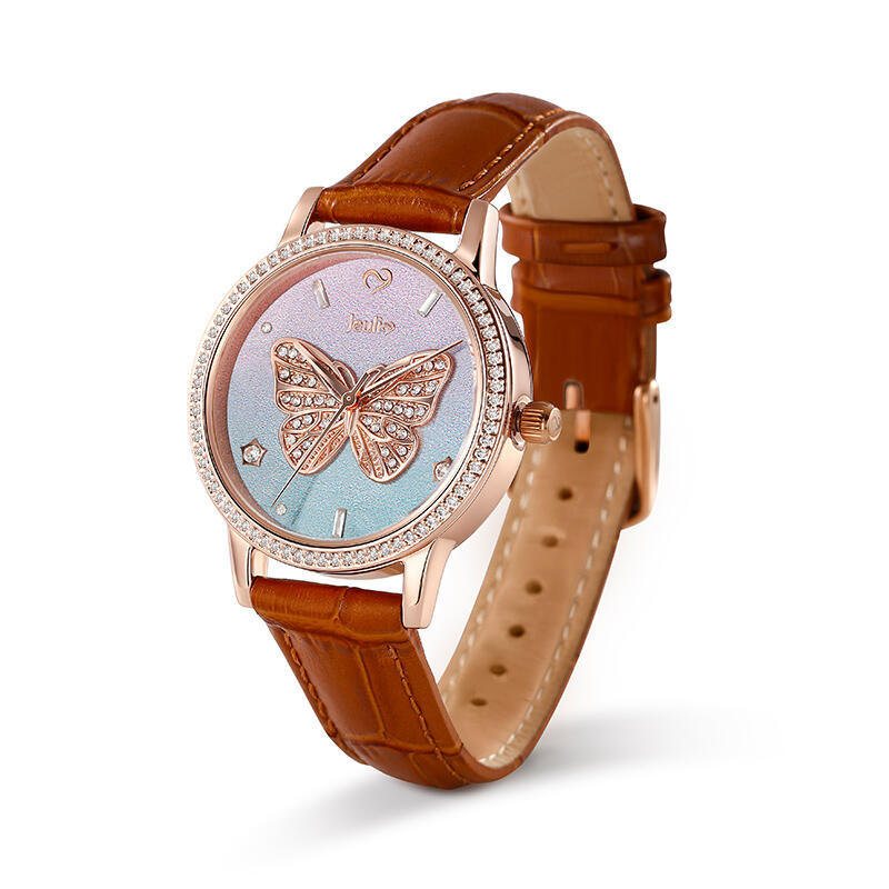 Jeulia "Dreamy Rainbow" Butterfly Design Quartz Brown Leather Watch with Ombre Dial