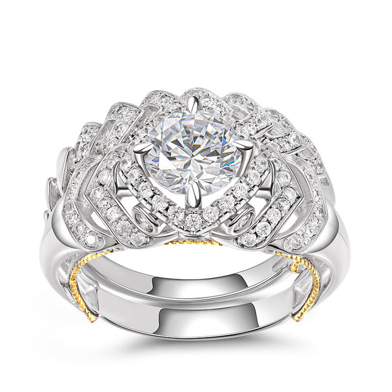 Jeulia Conjunto De Anillos Con Halo Moderno De Talla Redonda En Plata De Ley