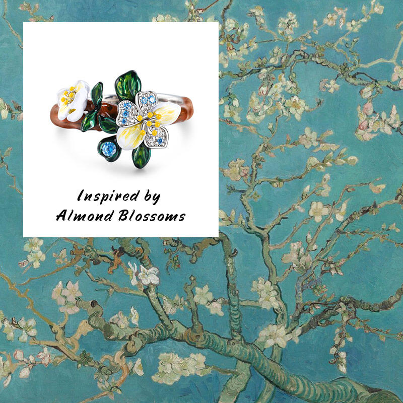 Jeulia "Almond Blossoms" Enamel Sterling Silver Ring