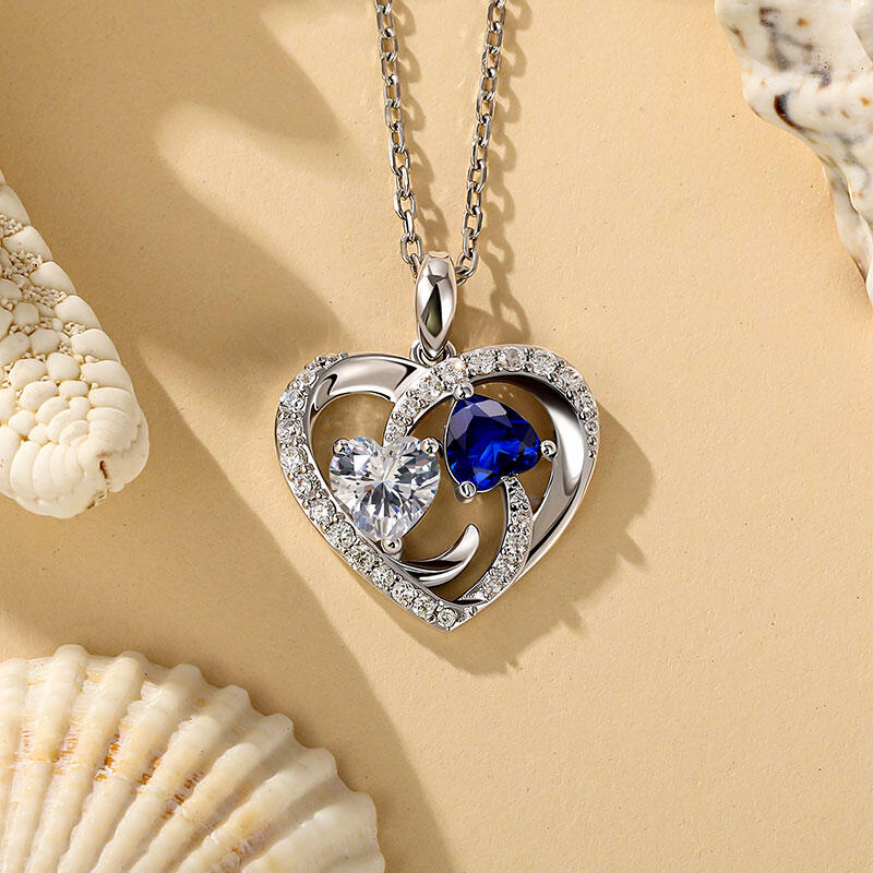 Jeulia Collar Doble Corazón Océano con Piedra de Nacimiento Personalizada