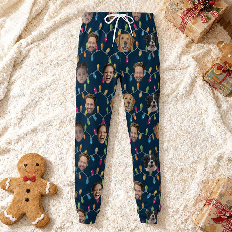 Gepersonaliseerde unisex joggingbroek met foto van hoofd Lichtjesontwerp Kerstcadeau voor familie