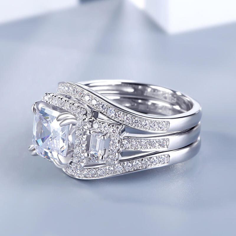 Jeulia Halo Three Stone Asscher Cut Sterling Silver Ring Set