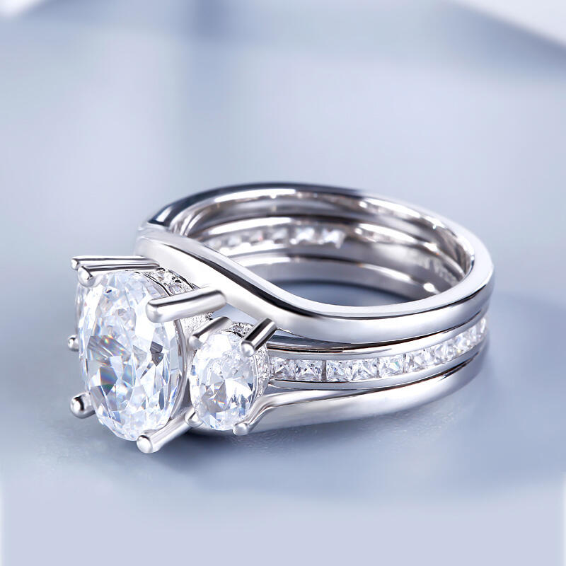 Jeulia Three Stone Oval Cut Sterling Silver Ring Set