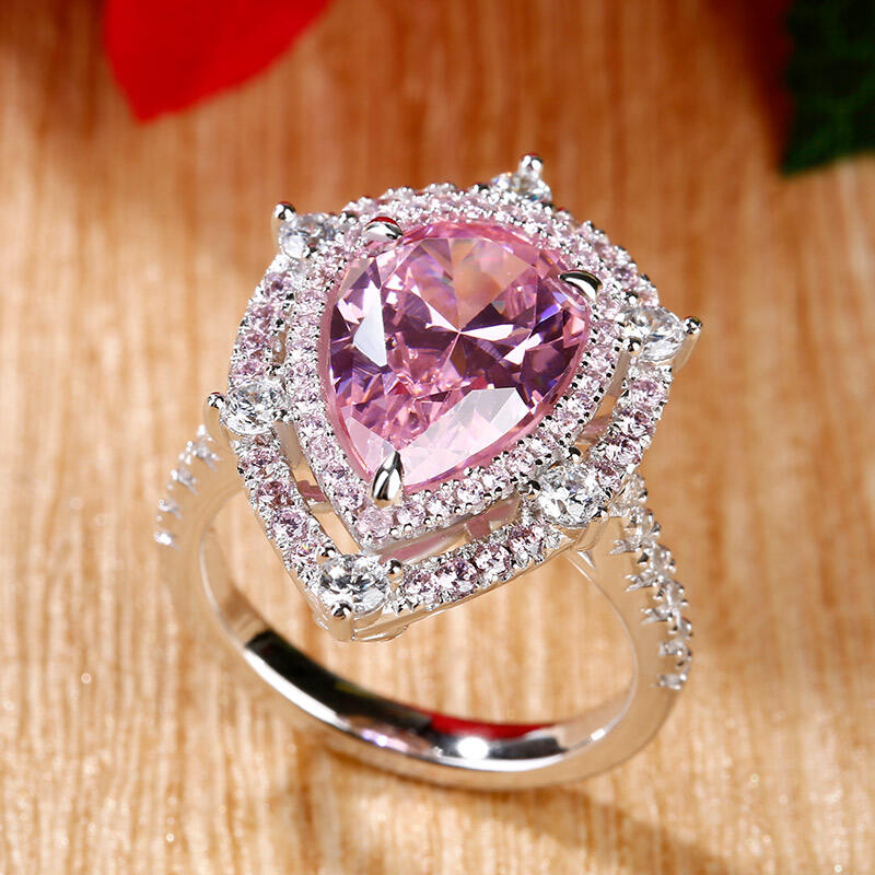 Jeulia Double Halo Pear Cut Pink Stone Sterling Silver Ring