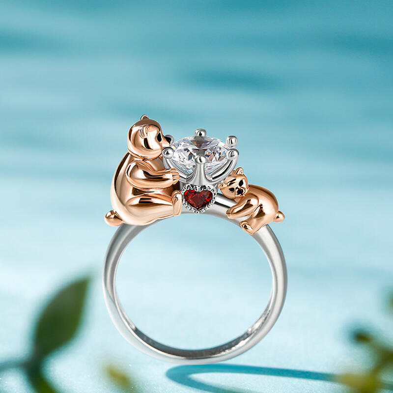 Jeulia Hug Me "Naughty Little Kid" Mom and Baby Bear Round Cut Sterling Silver Ring