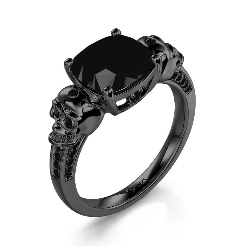 Jeulia "Eternal Love" Black Skull Cushion Cut Gothic Sterling Silver Ring