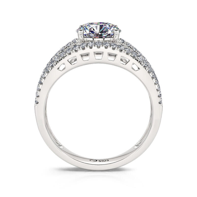 Jeulia Anillo de Compromiso de Plata de Ley de Corte Redonda con Vástago Dividido y Pavé