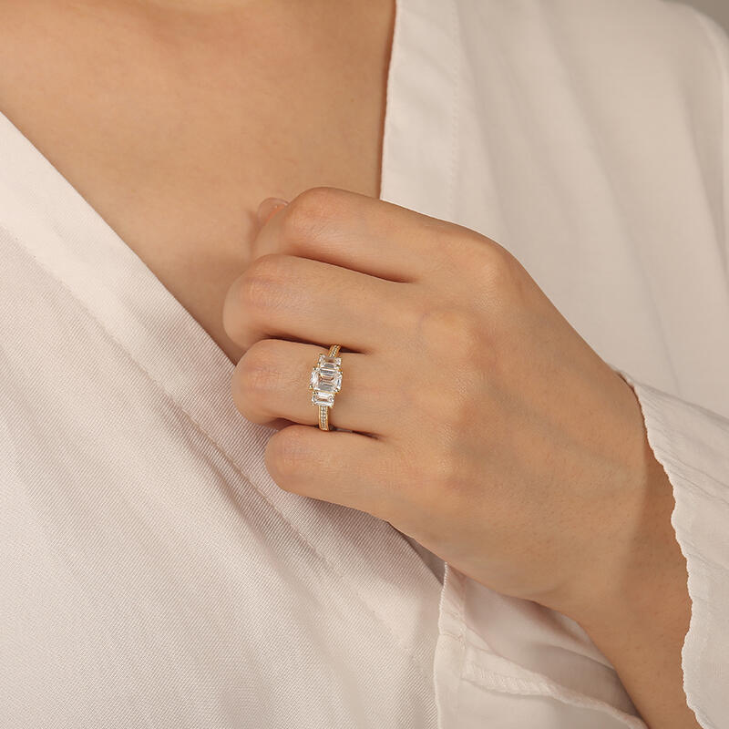 "Beloved Treasure" Emerald Cut Three Stone Engagement Ring