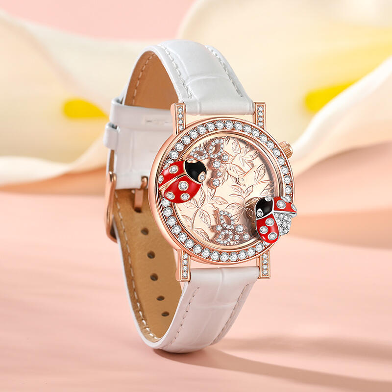 Jeulia "Vivid Natural" Ladybug Design Quartz White Leather Women's Watch