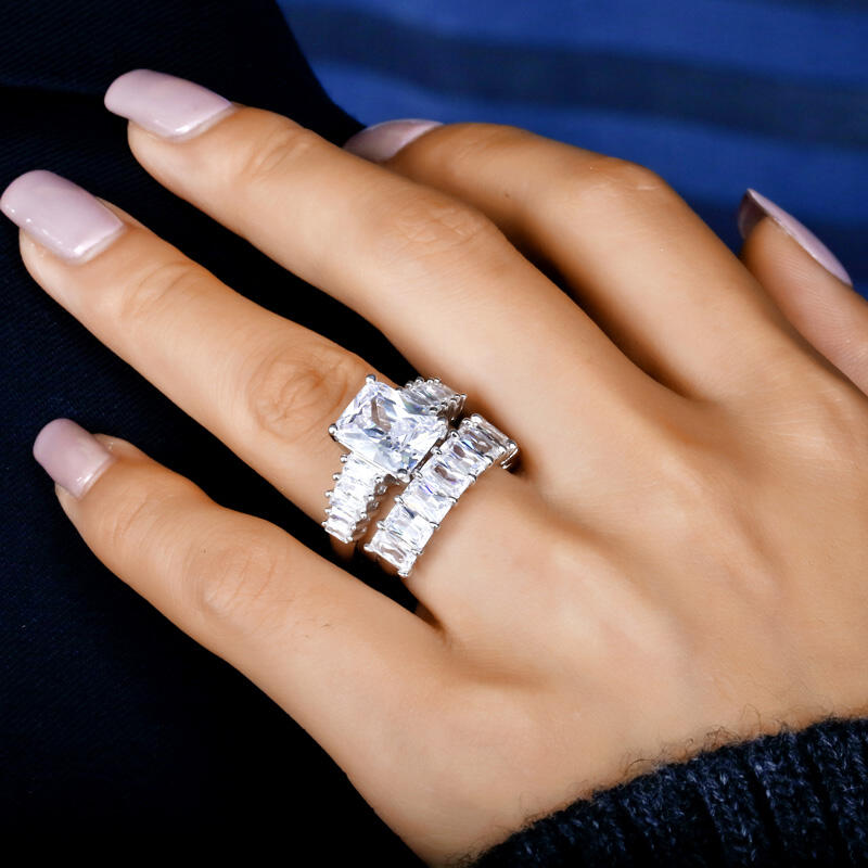 Jeulia Classic Radiant Cut Sterling Silver Ring Set