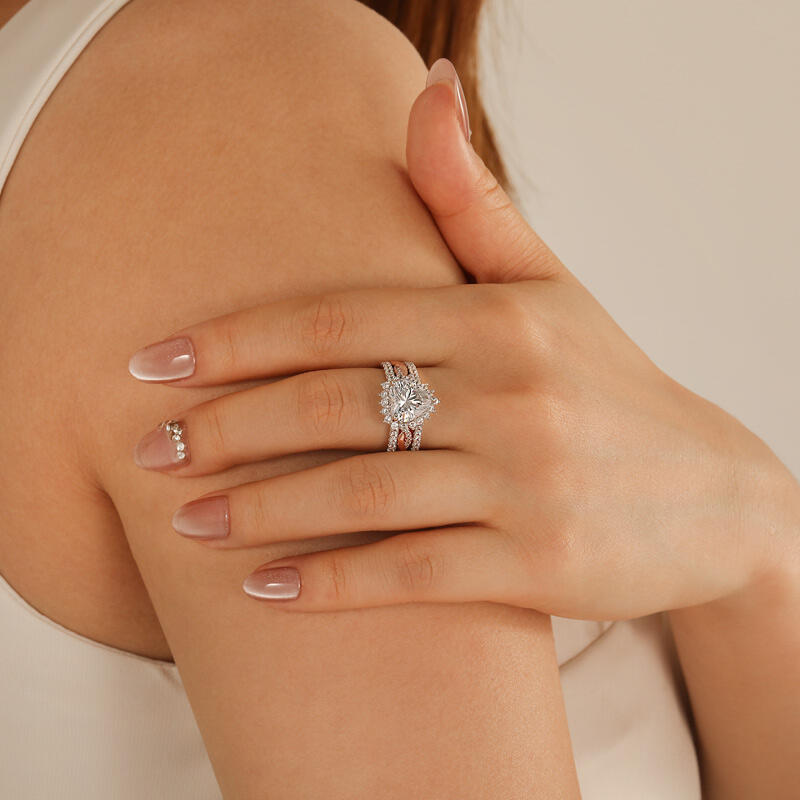 Jeulia Juego de Anillos Corazón con Halo Intercambiable y Torcido