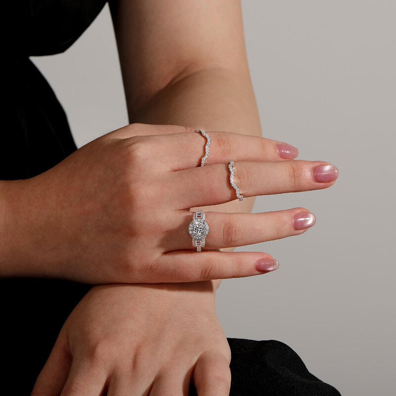 Jeulia Halo Round Cut Sterling Silver Ring Set