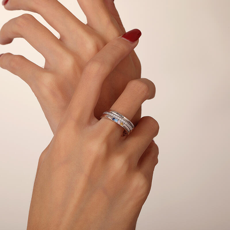 Jeulia Custom Engraved Name Four Birthstone Ring Set 3PCS