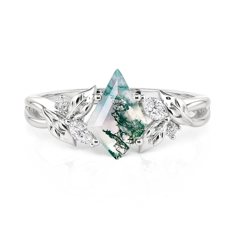 Jeulia Twisted Vine Leaf Kite Cut Moss Agate Engagement Ring