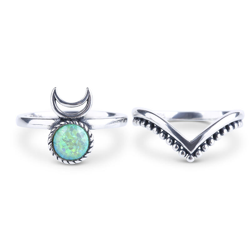Jeulia Conjunto de anéis de opala empilháveis com lua e costas.