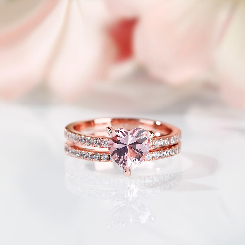 Jeulia Pink Heart Cut Synthetic Morganite Sterling Silver Ring Set