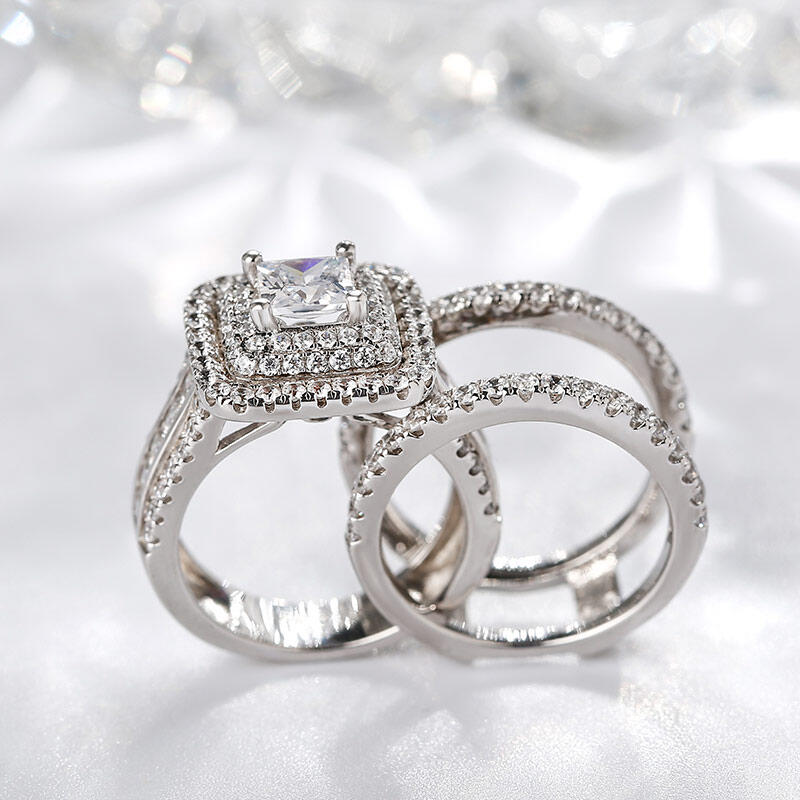 Jeulia Three Halo Princess Cut Sterling Silver Enhancer Ring Set