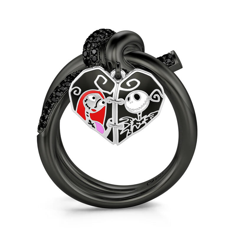 Jeulia Anillo de compromiso de plata con pareja de calavera en corazón