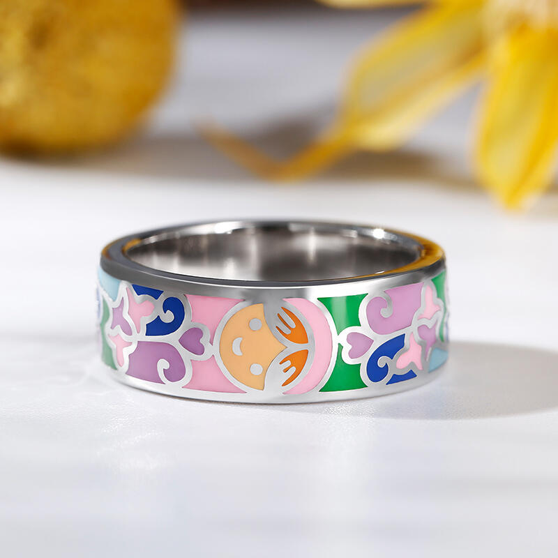 Jeulia Anillos de mujer de plata de ley con esmalte de flor y caras sonrientes