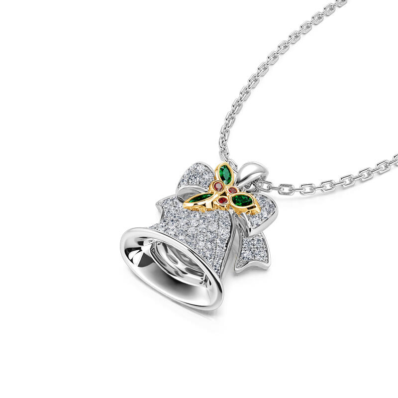 Jeulia Jingle Bells with Christmas Holly Sterling Silver Necklace