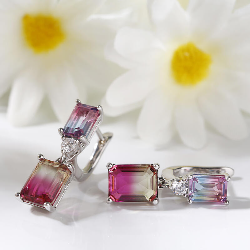 Jeulia Elegant Emerald Cut Watermelon Stone Sterling Silver Earrings