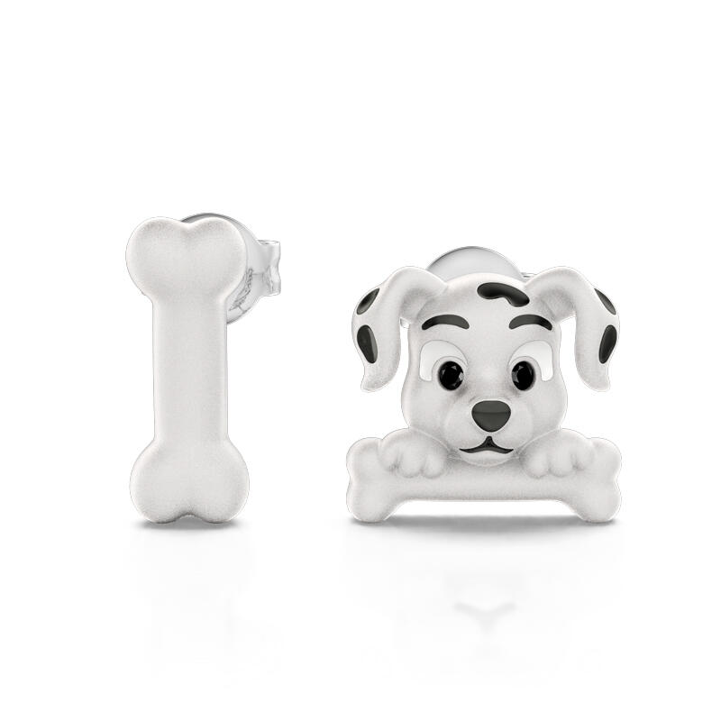 Jeulia Pendientes asimétricos de perrito manchado y hueso de plata de ley