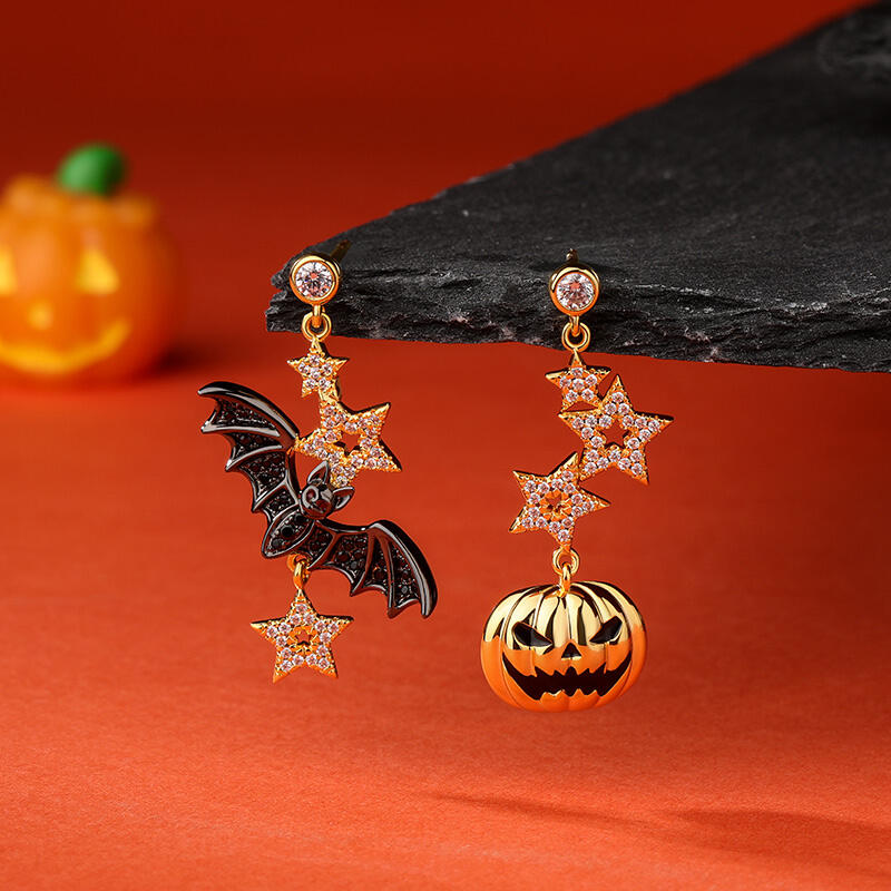 Jeulia "Halloween Fun" Bat & Pumpkin Sterling Silver Asymmetrical Earrings