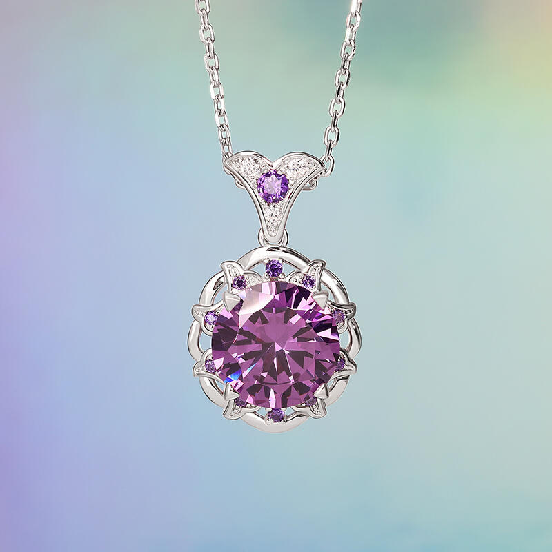 Jeulia Amethyst Flower Round Cut Sterling Silver Jewelry Set