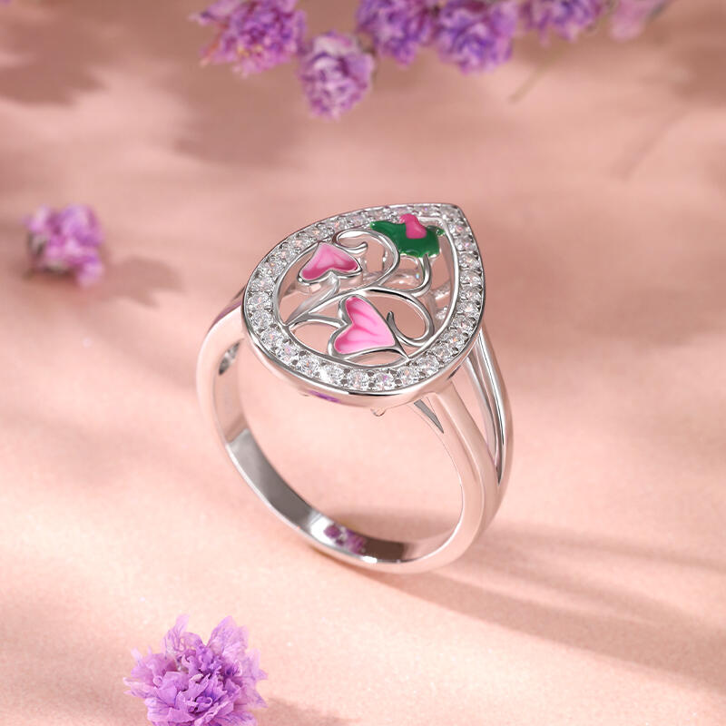 Jeulia Anillo para Mujer Grande de Plata Esmaltada Flor Rosa