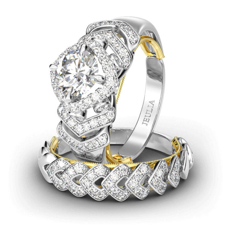 Jeulia Conjunto De Anillos Con Halo Moderno De Talla Redonda En Plata De Ley