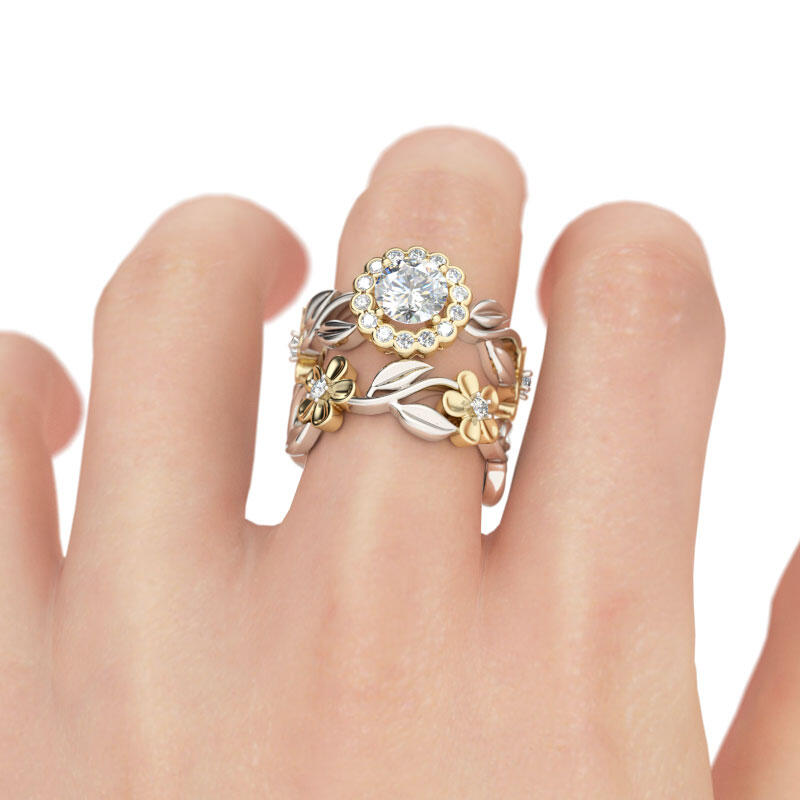 Jeulia Flower Halo Round Cut Sterling Silver Ring Set