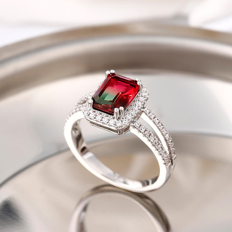 Jeulia "One of a kind" Emerald Cut Sterling Silver Watermelon Ring