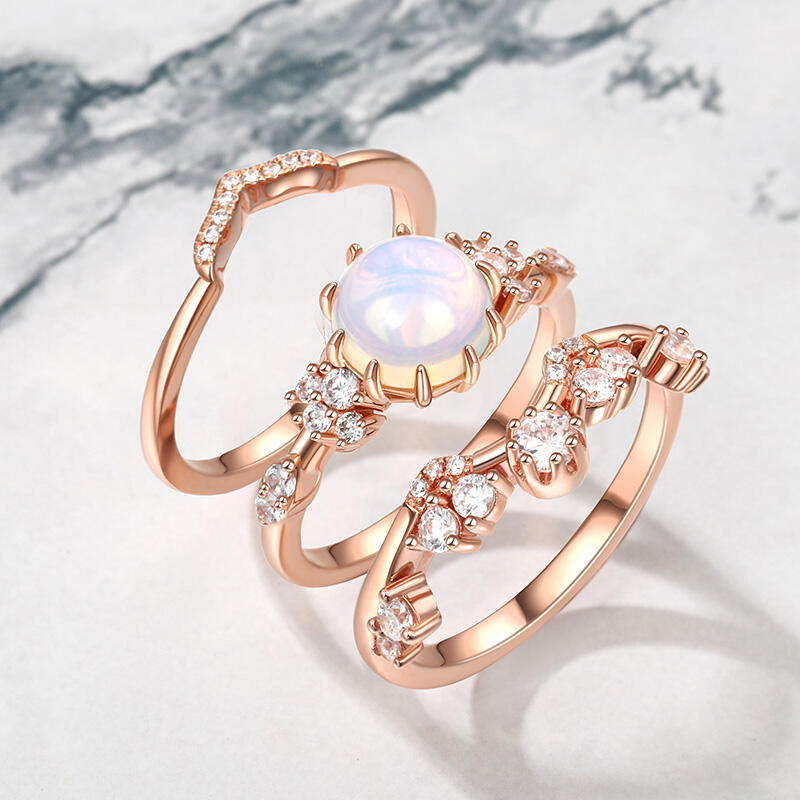 Jeulia Juego de Anillos de Plata de Ley con Piedra Lunar de Tres Piezas