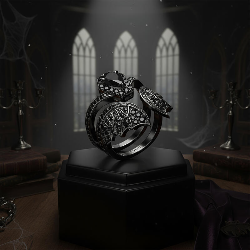 Jeulia Juego de Anillos de Compromiso Único Forma de Ataúd con Murciélago Negro