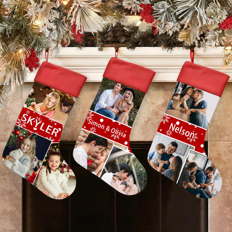 Chaussettes de Noël personnalisées avec 3 photos et noms pour enfants