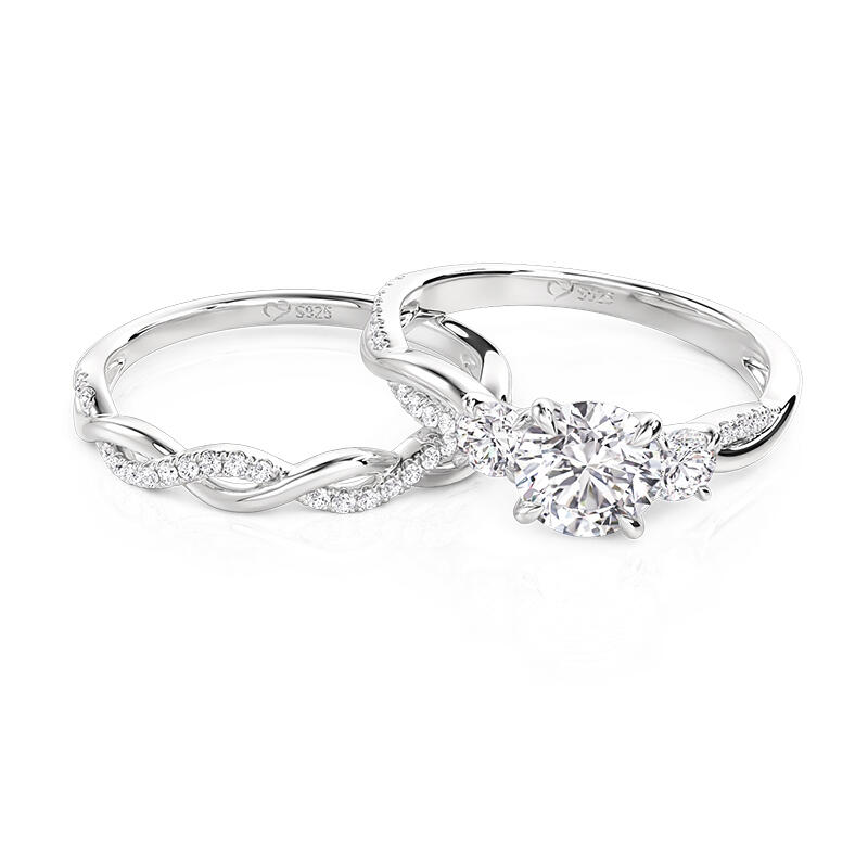 Jeulia Juego de Anillos Clásico de Tres Piedras Redondas con Giro